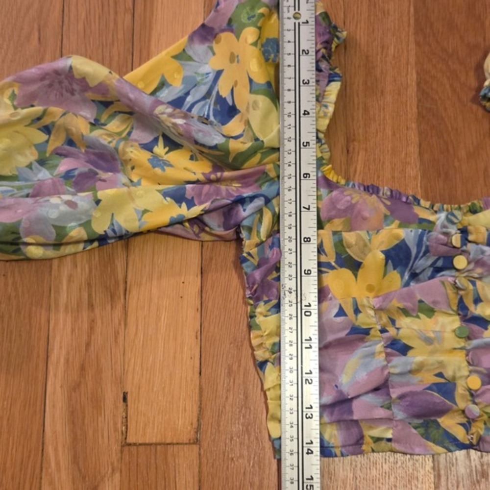 For Love & Lemons Cassia Blue Yellow Purple‎ Floral Print Cropped Top, Sz XS - Picture 9 of 12